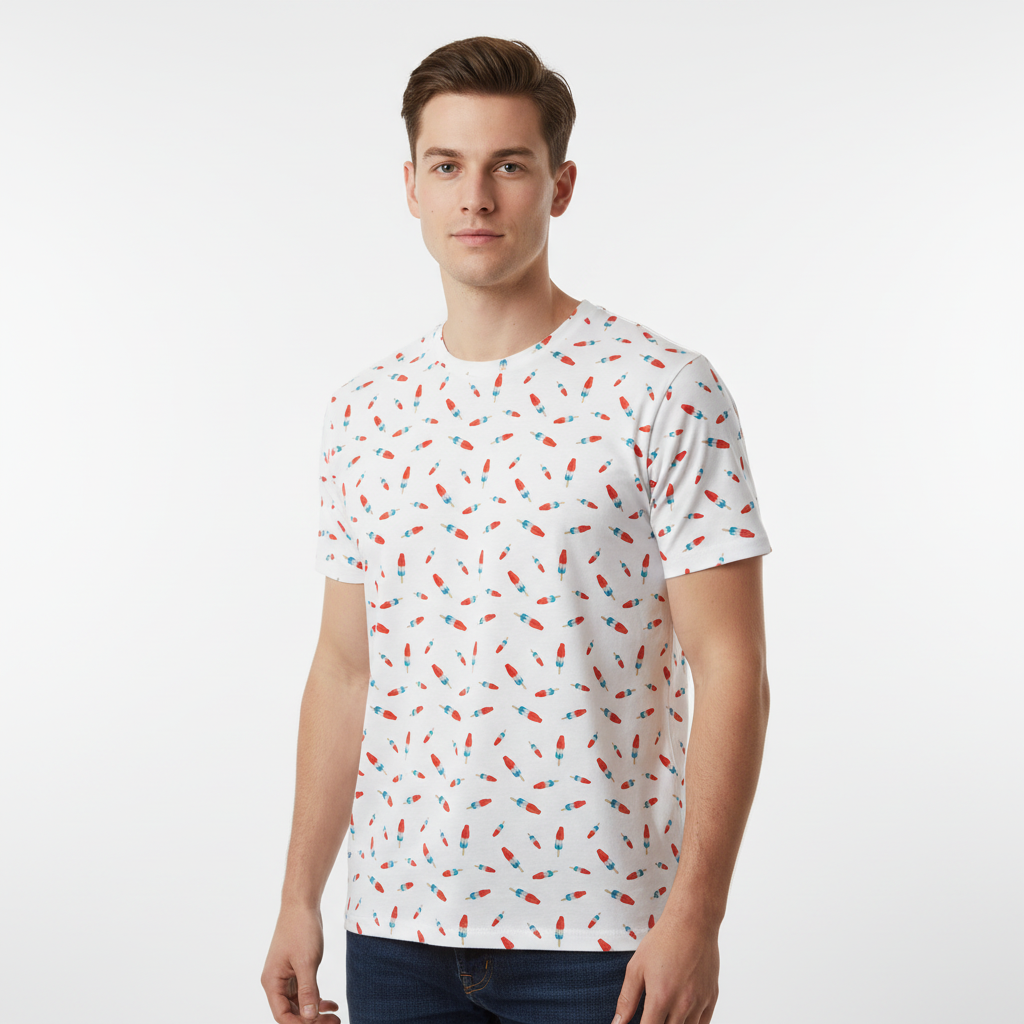 Man wearing a white t-shirt with colorful pattern shirt of bomb pops from Liberty Maniacs on a white background