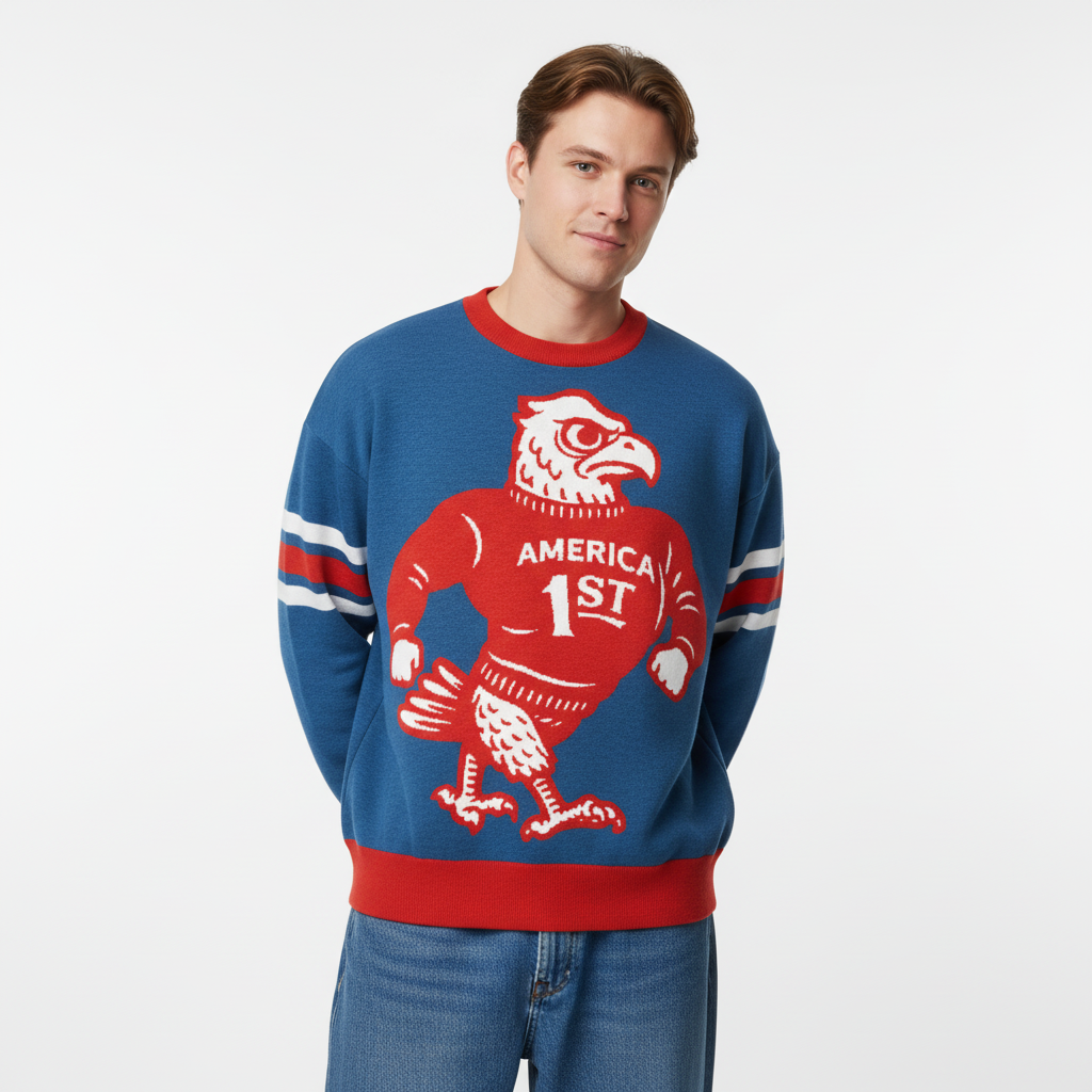 Man wearing a blue sweater with a red and white eagle graphic that says America 1st on a white background