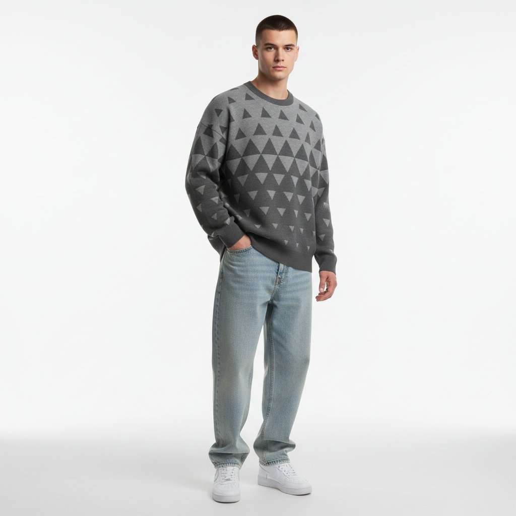 Man wearing a gray patterned sweater and light blue jeans on a white background