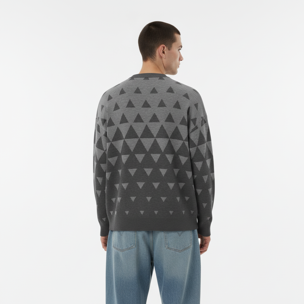 Man wearing a gray sweater with triangle pattern on a white background