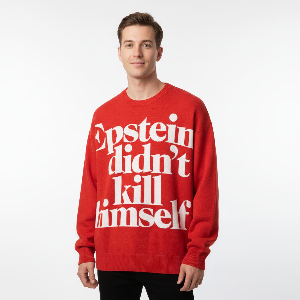 Person wearing a red sweater with white text on a white background