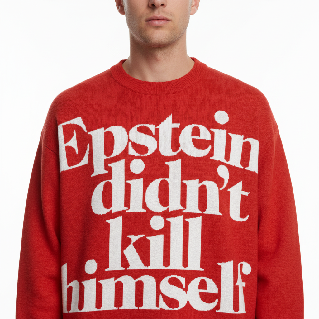 Red sweater with white text worn by a person on a white background