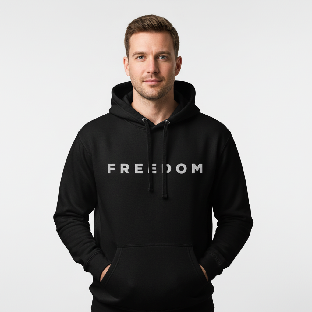 Man wearing a black hoodie with &#39;FREEDOM&#39; text on a light gray background