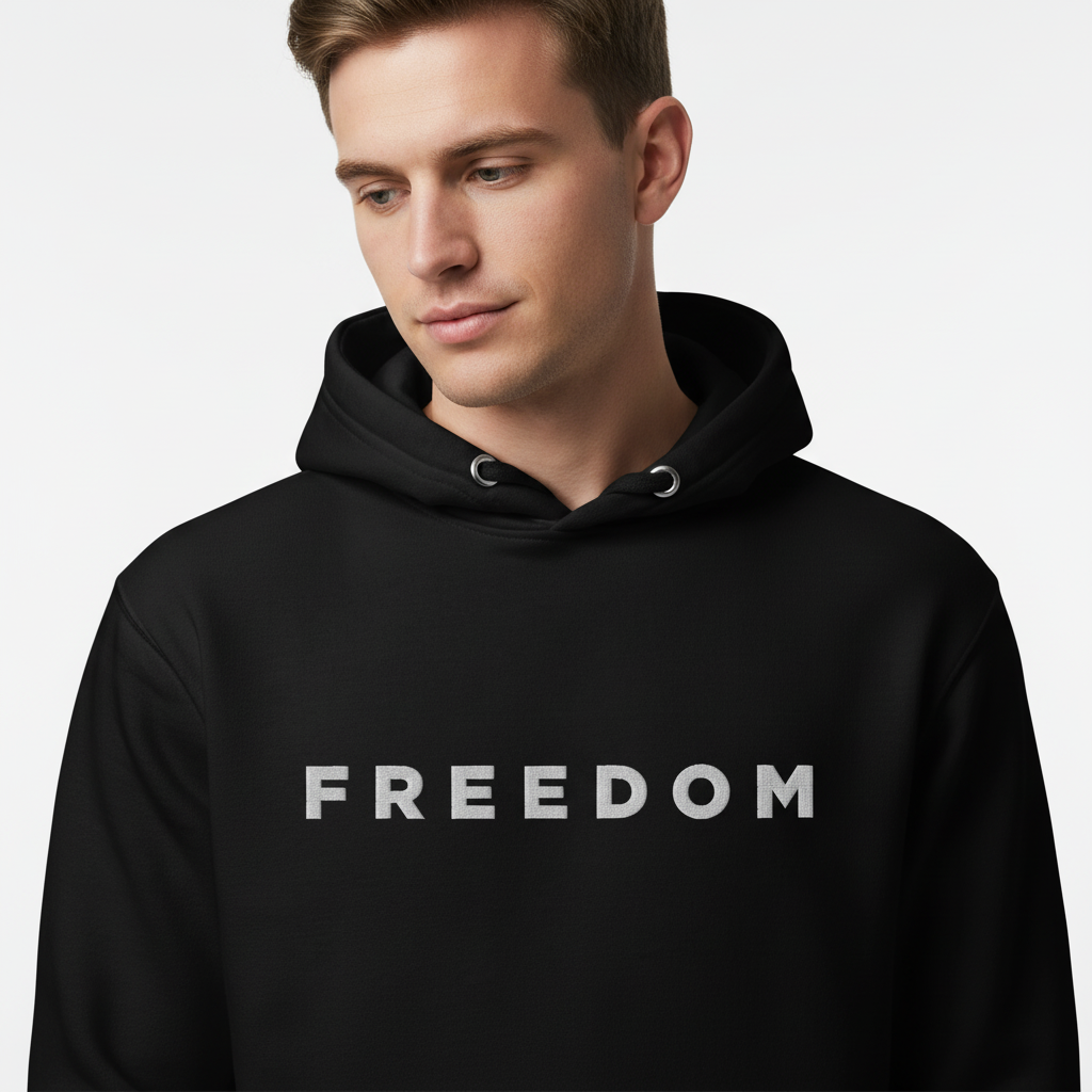 Person wearing a black hoodie with 'FREEDOM' printed on it against a plain background
