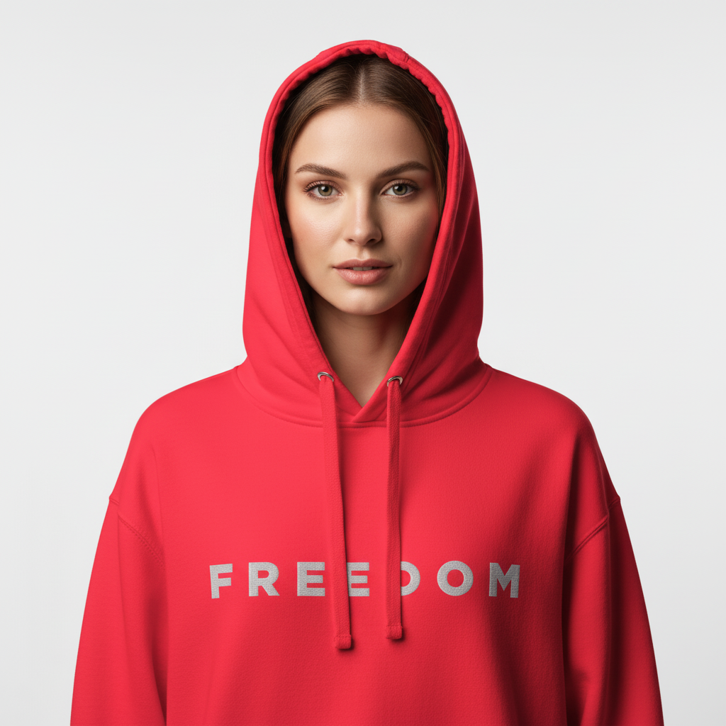 Person wearing a red hoodie with 'FREEDOM' text on a light gray background