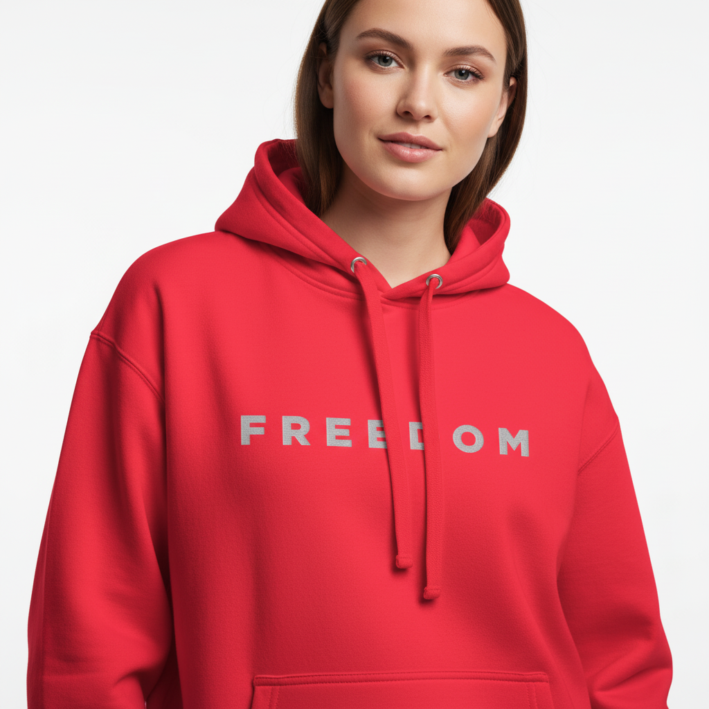 Woman wearing a red hoodie with 'FREEDOM' text on a white background