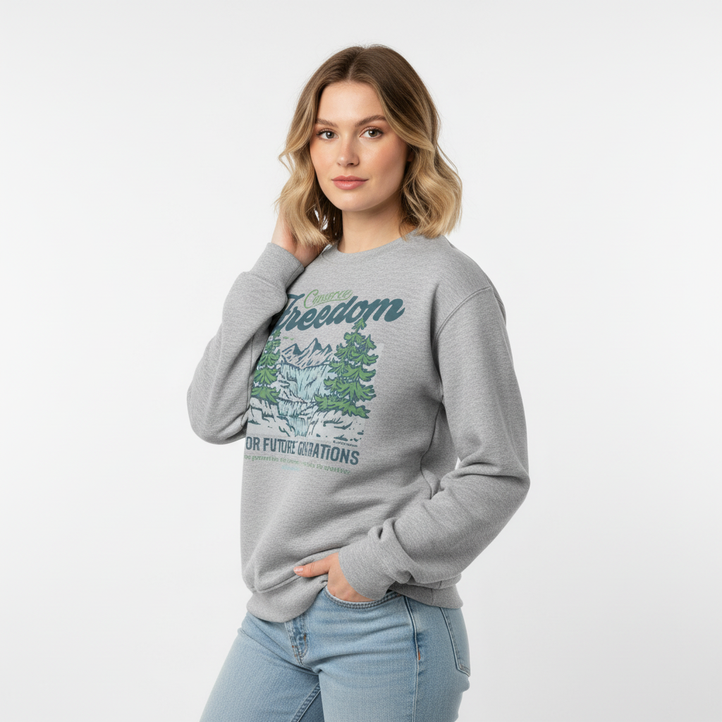 Woman wearing a gray sweatshirt with a graphic design on a white background