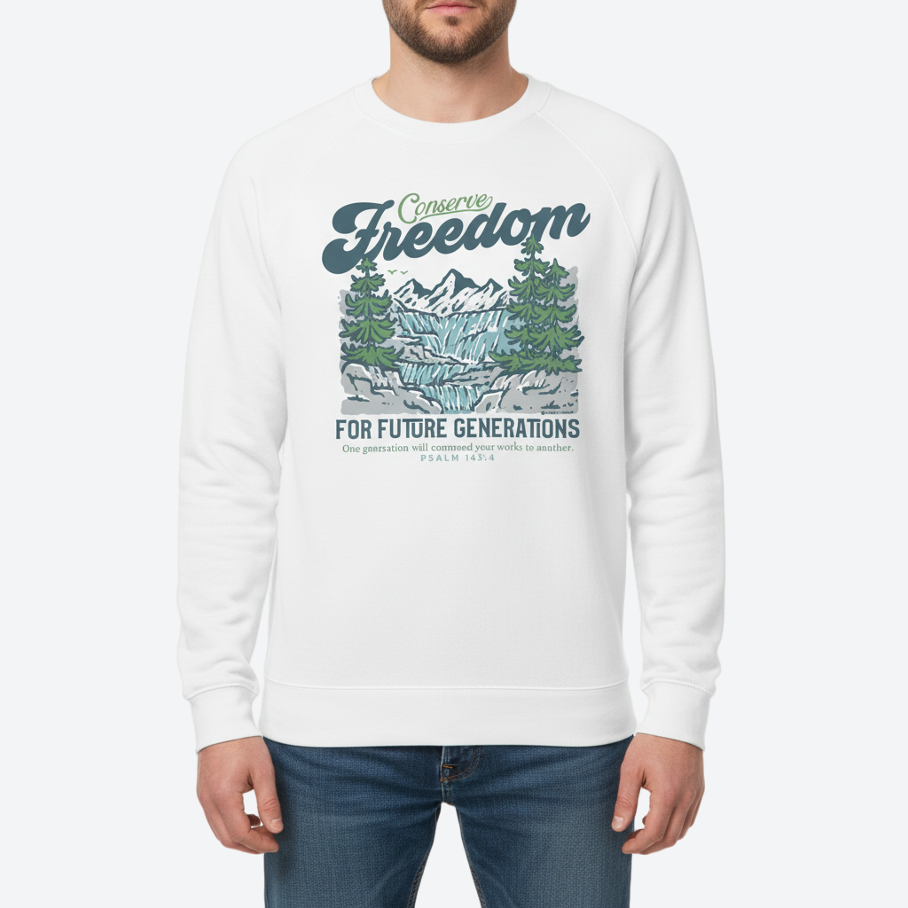 White sweatshirt with nature-themed design and text on a white background