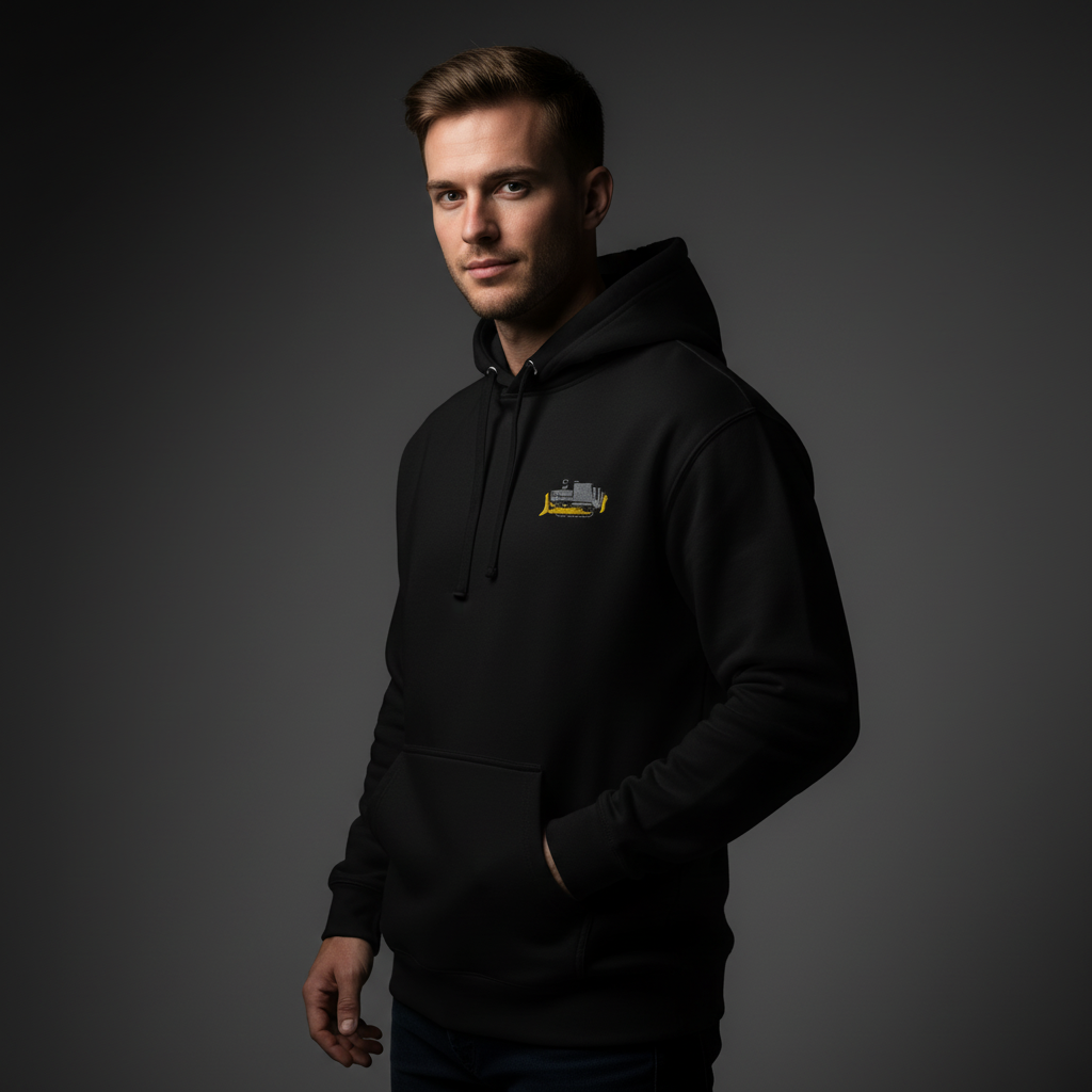 Man wearing a black Killdozer Embroidered Hoodie on a dark gray background