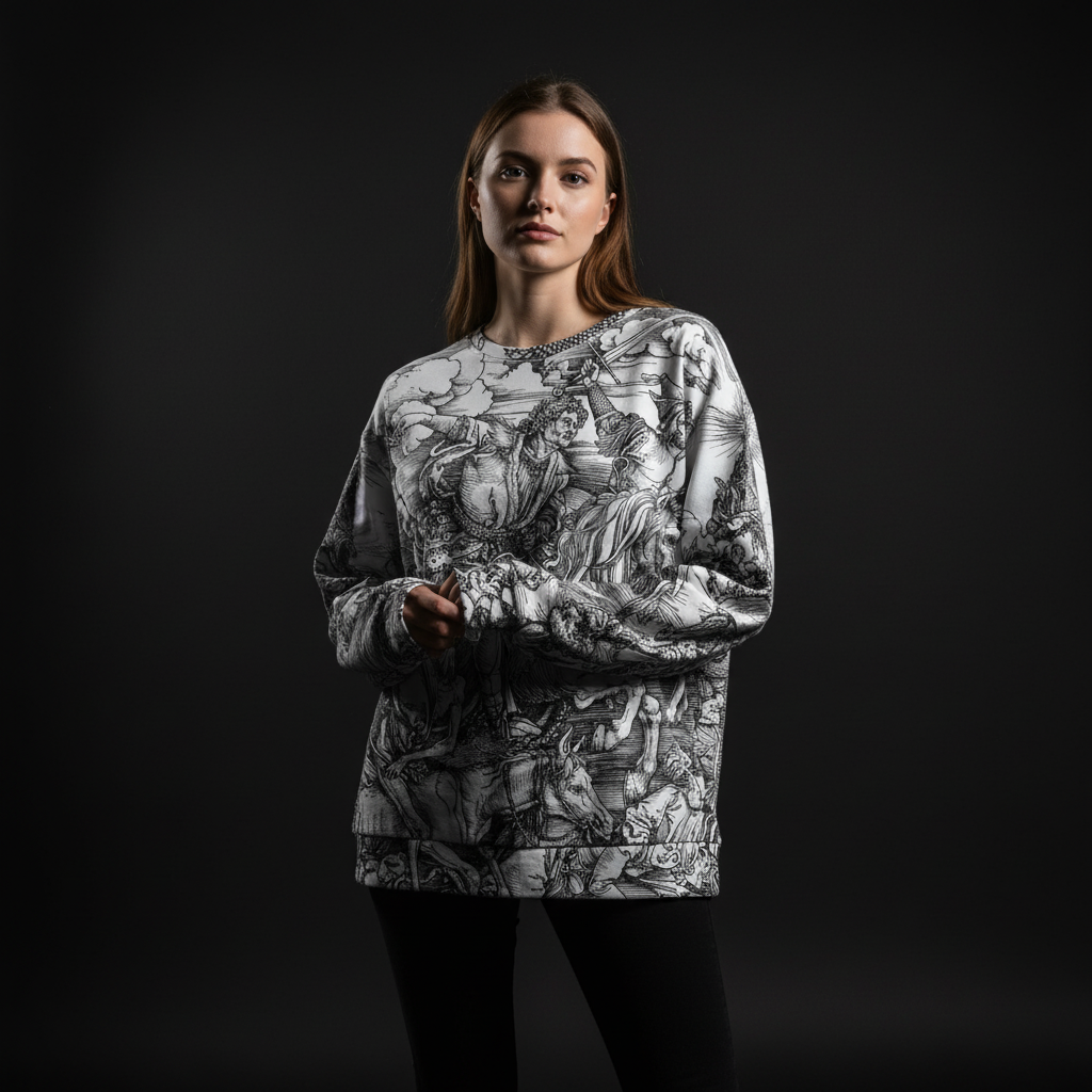 Woman wearing a patterned sweater against a black background