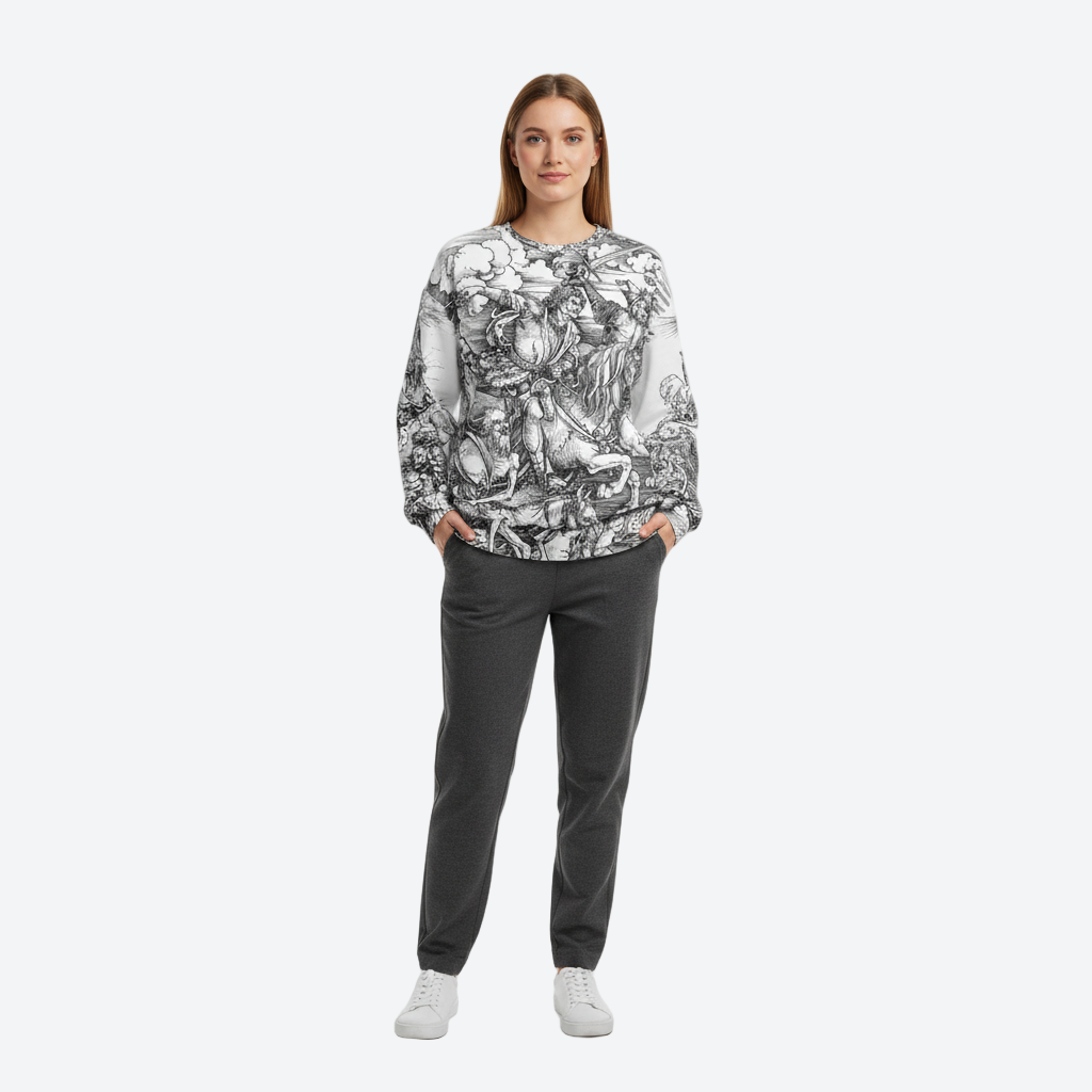 Woman wearing a patterned shirt and dark pants on a white background