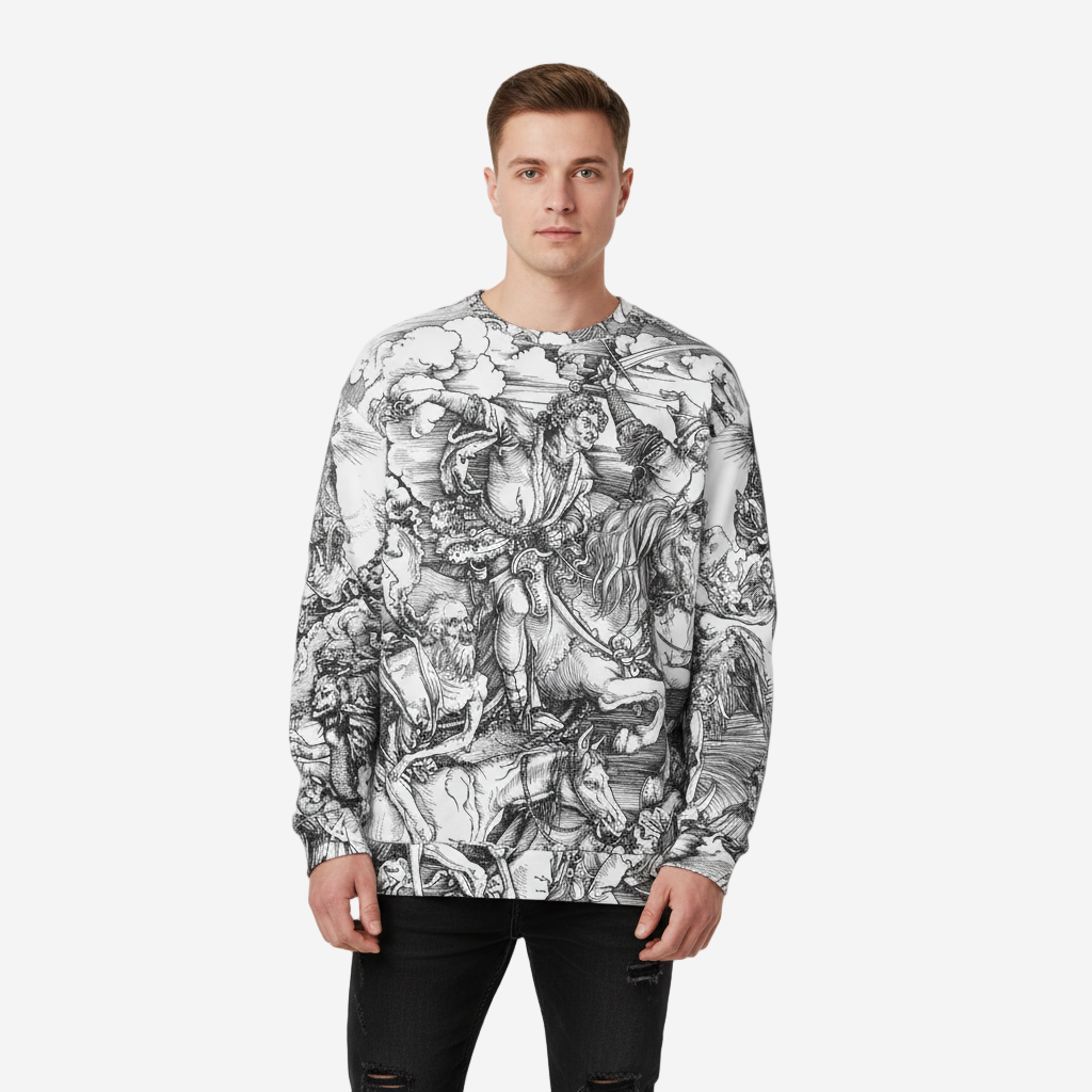 Man wearing a sweatshirt with a detailed black and white graphic design on a white background