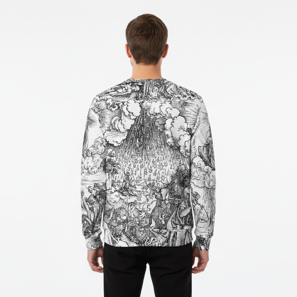 Man wearing a black and white patterned shirt on a white background