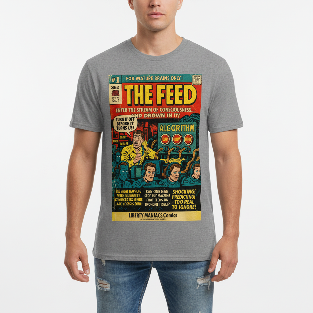 Person wearing a t-shirt with a comic book-style design on a plain background