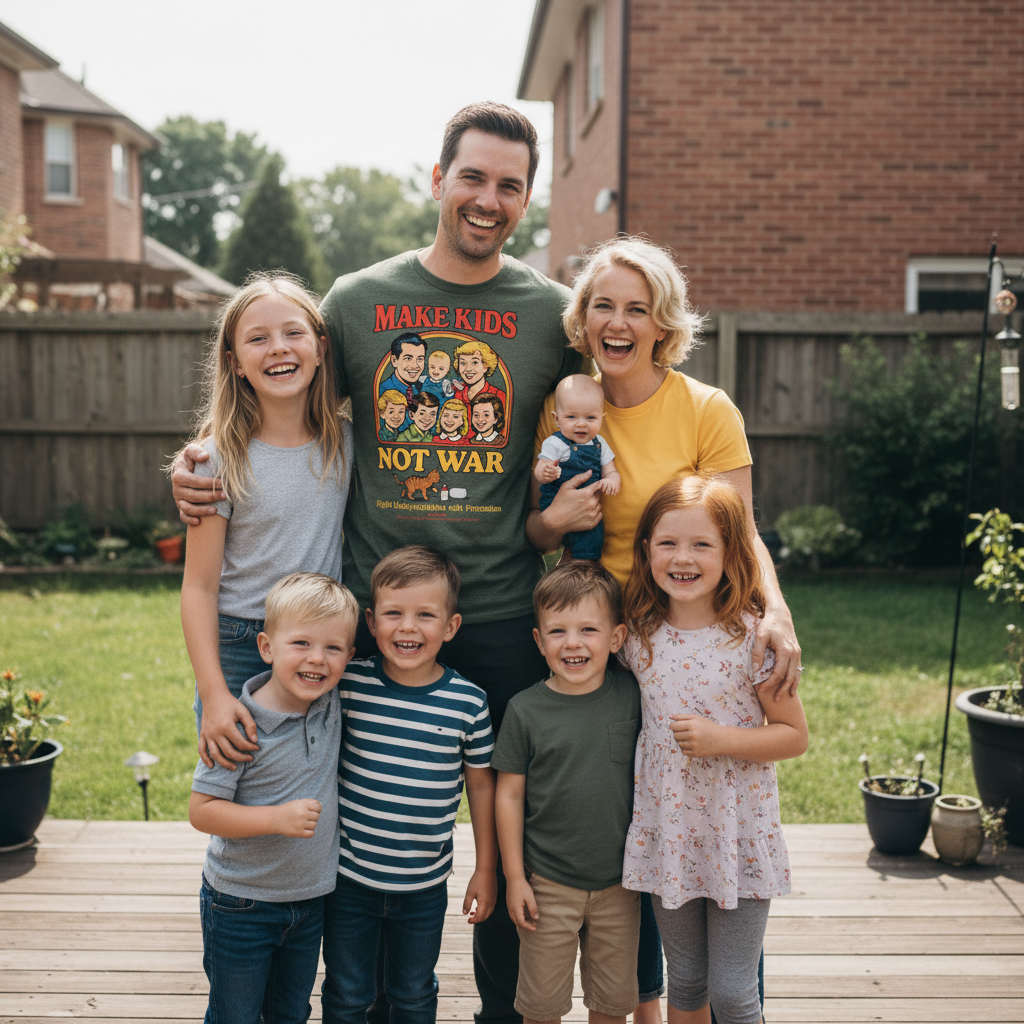 Man wears make kids not war Liberty maniacs t-shirt with his large family