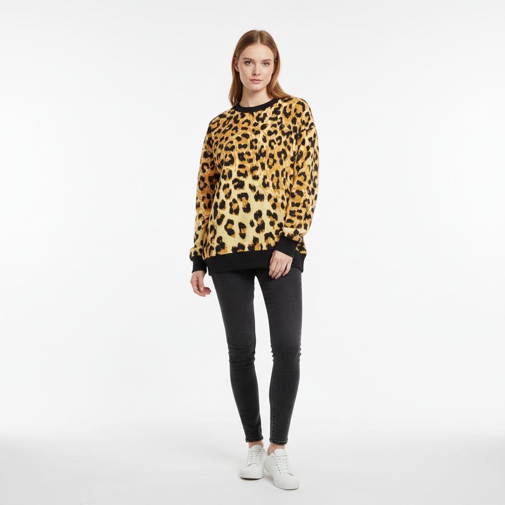 Woman wearing a leopard print sweater and black pants on a white background