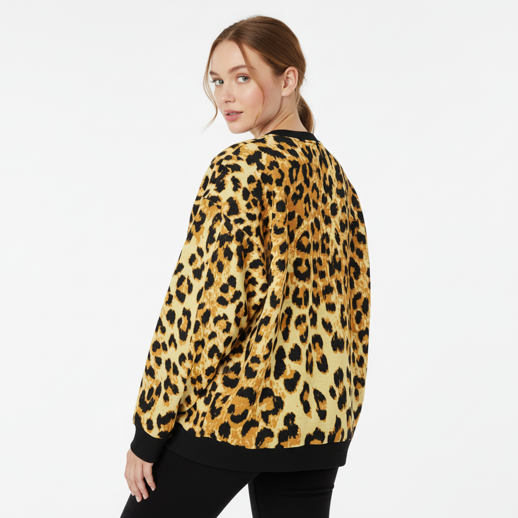 Woman wearing a leopard print jacket on a white background