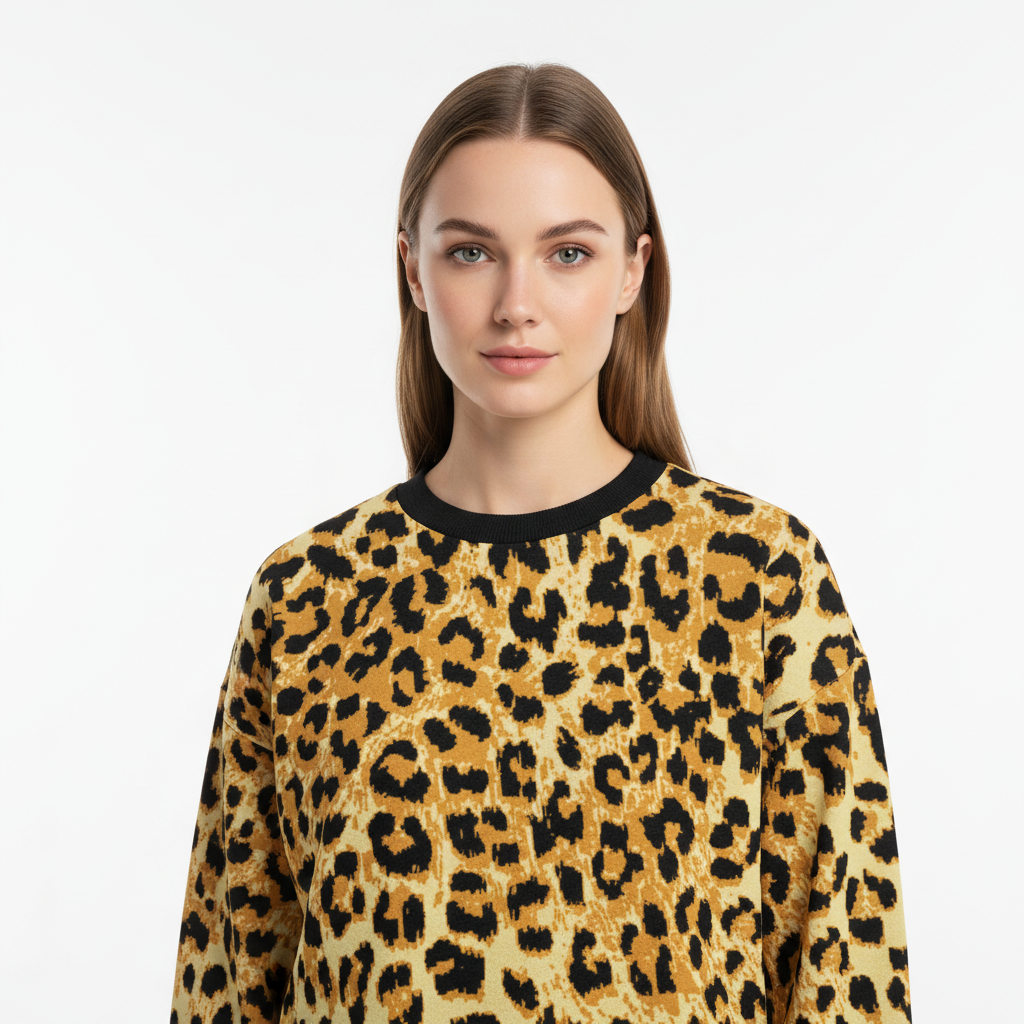 Woman wearing a leopard print sweater on a plain background