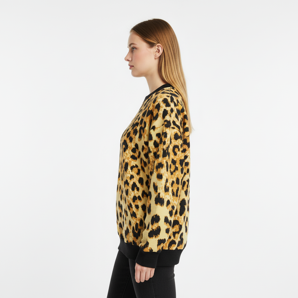 Woman wearing a leopard print sweater on a white background