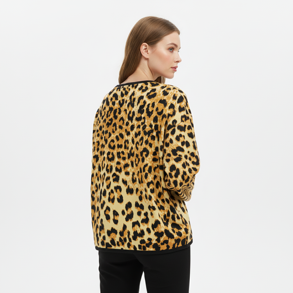 Woman wearing a leopard print sweater on a white background