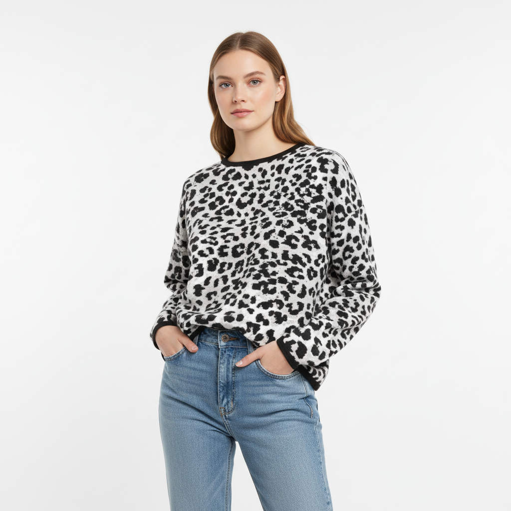 Woman wearing a leopard print sweater and blue jeans on a white background