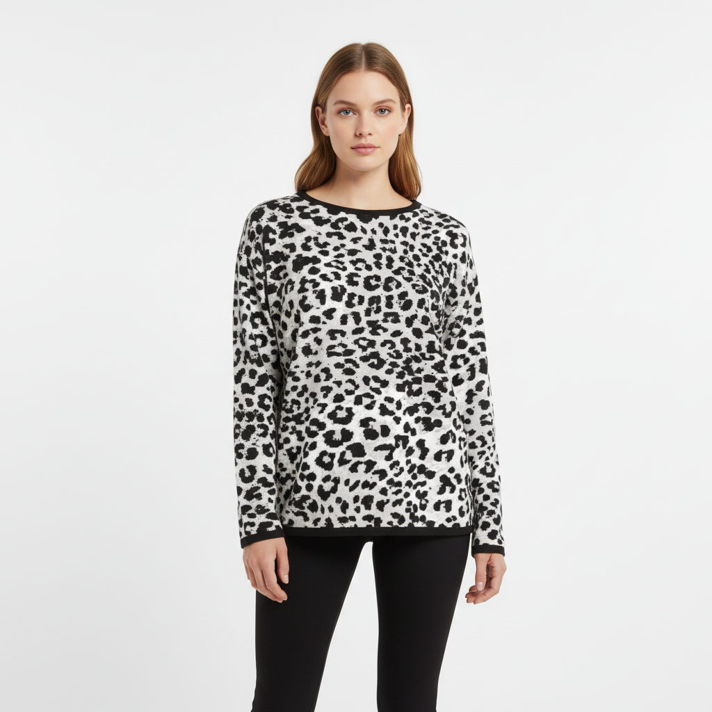 Woman wearing a snow leopard animal pattern knit sweater on a white background