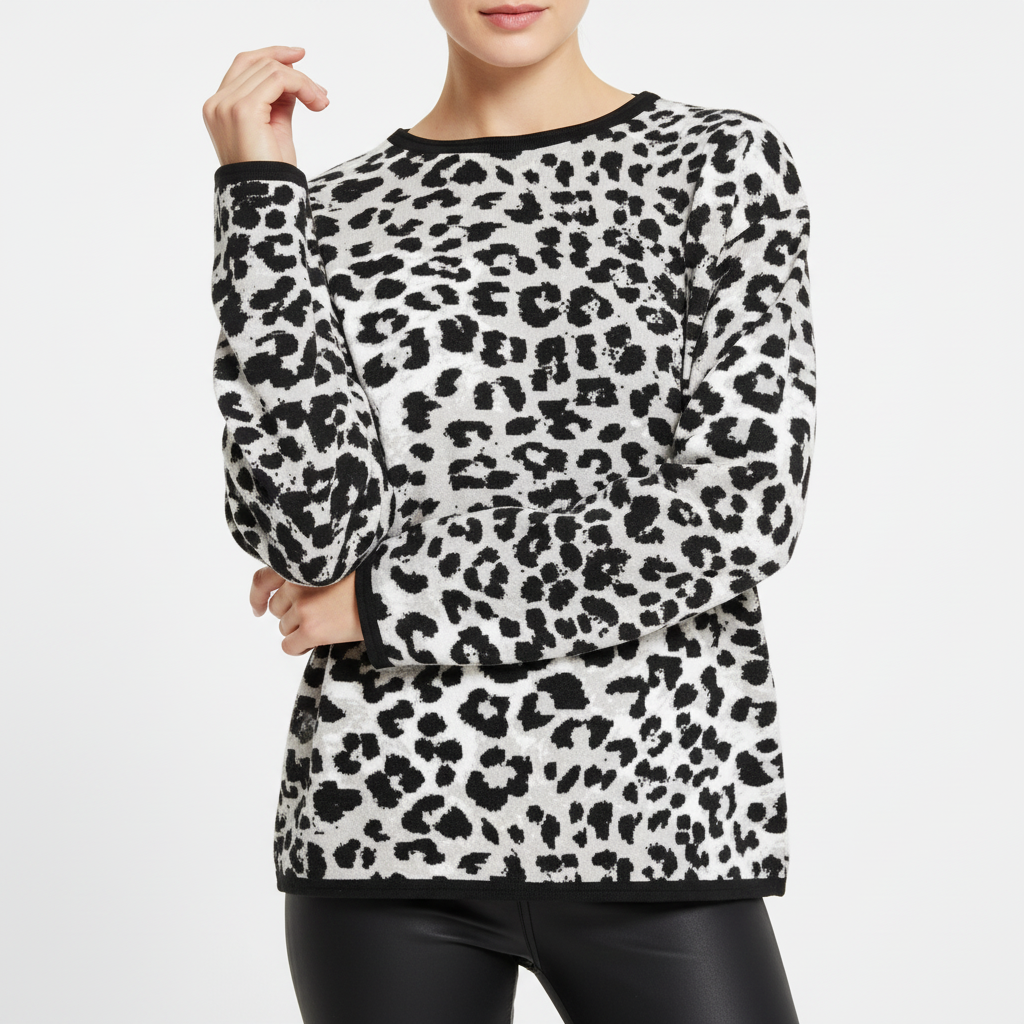 Woman wearing a leopard print sweater on a white background