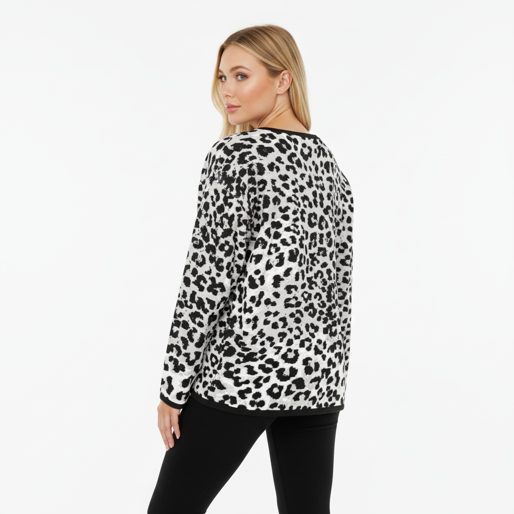 Woman wearing a snow leopard animal print patterned knit sweater from liberty maniacs on a white background