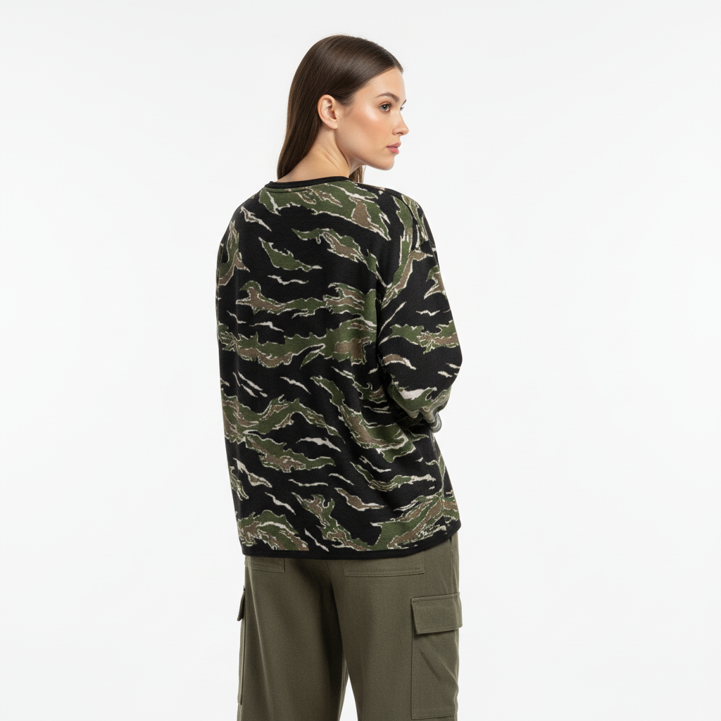 Woman wearing a camouflage sweater and green pants on a white background