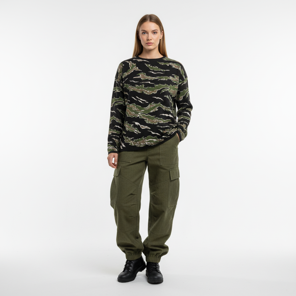 Person wearing a camouflage sweater and green cargo pants on a white background