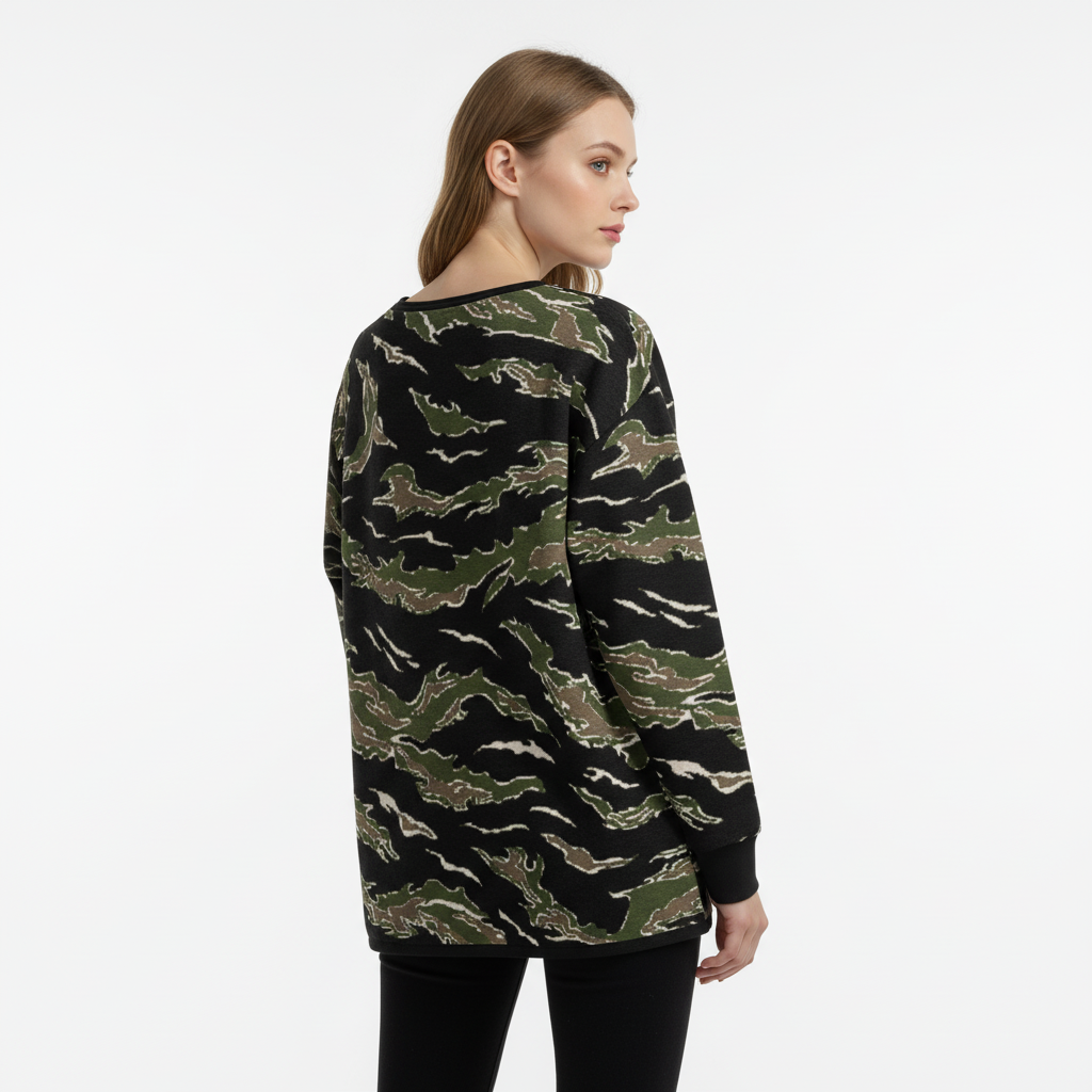 Woman wearing a camouflage-patterned sweater on a white background