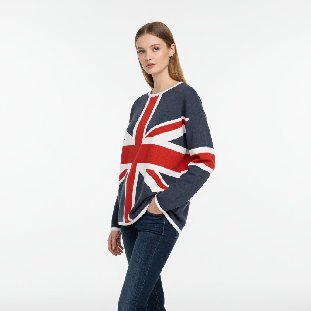 Woman wearing a Union Jack sweater on a white background