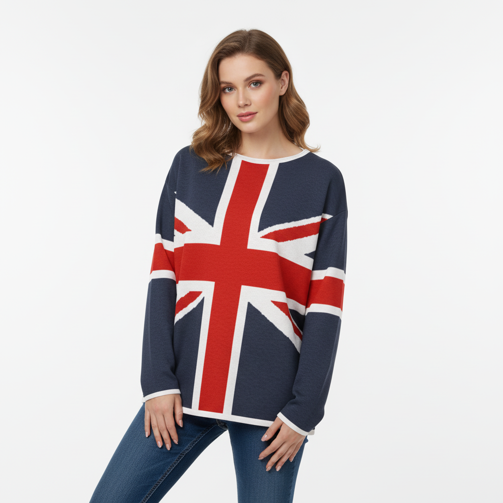 Woman wearing a navy sweater with a Union Jack design on a white background