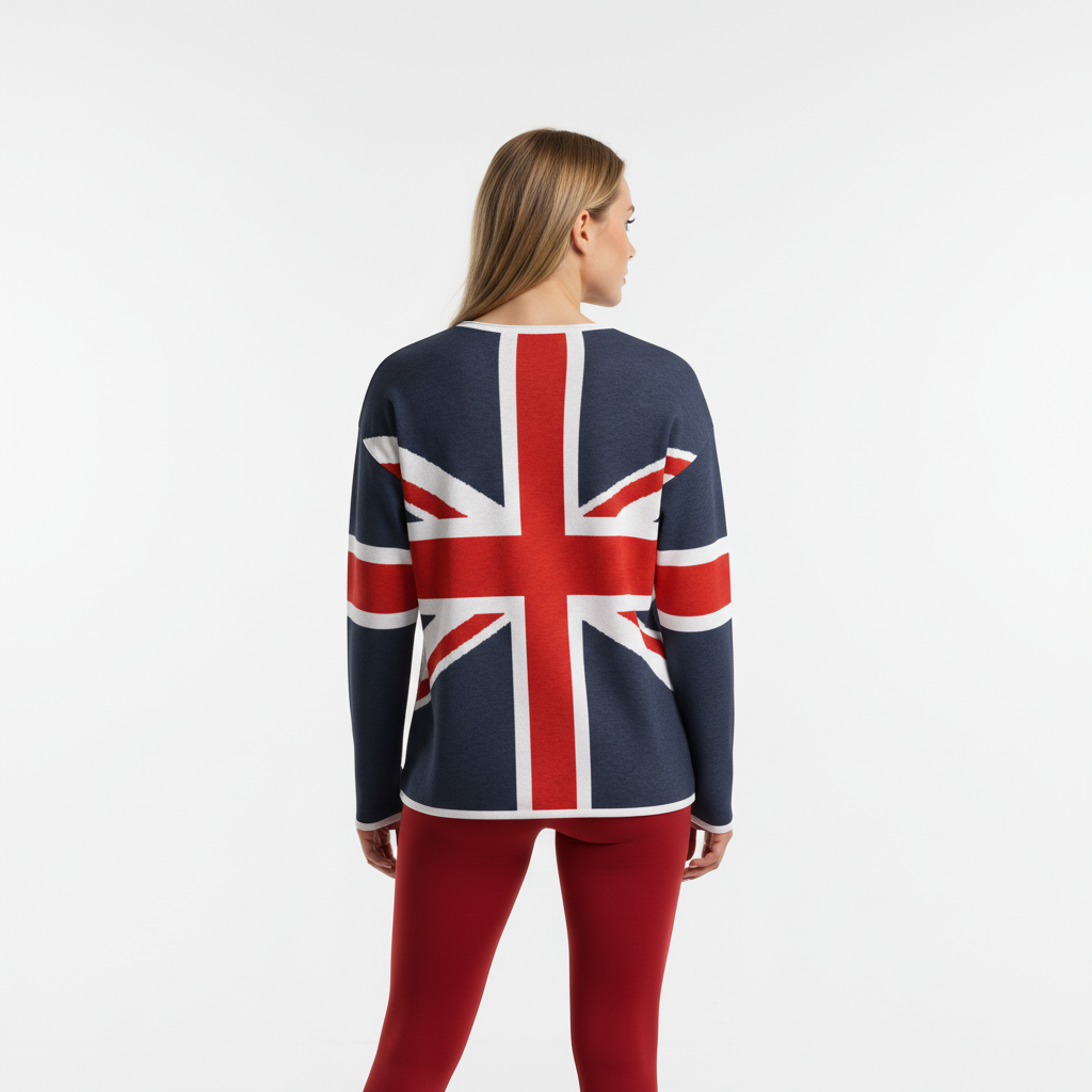 Person wearing a sweater with a Union Jack design on a white background