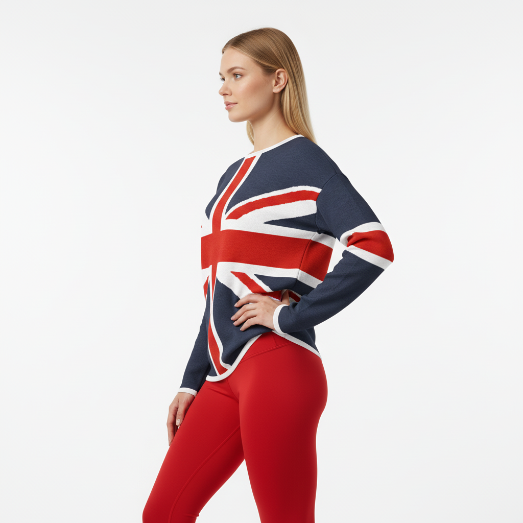 Woman wearing a Union Jack sweater and red pants on a white background