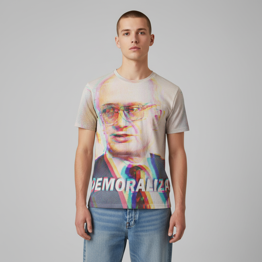 Man wearing Yuri Bezmenov The Fourth Stages of Ideological Subversion Men’s cotton T-Shirt