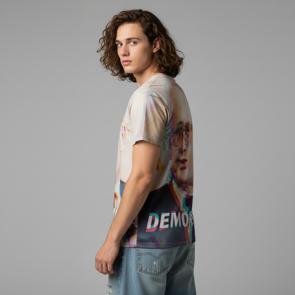 Person wearing a colorful t-shirt with &#39;demoralization&#39; branding on a gray background