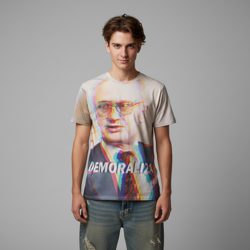 Person wearing a Yuri Bezmenov The Fourth Stages of Ideological Subversion Men’s cotton T-Shirt