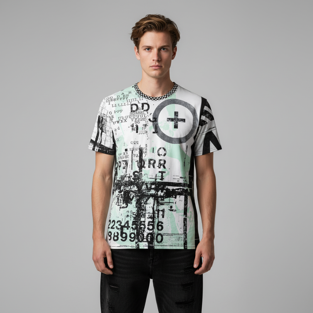 Man wearing a graphic t-shirt with a white background