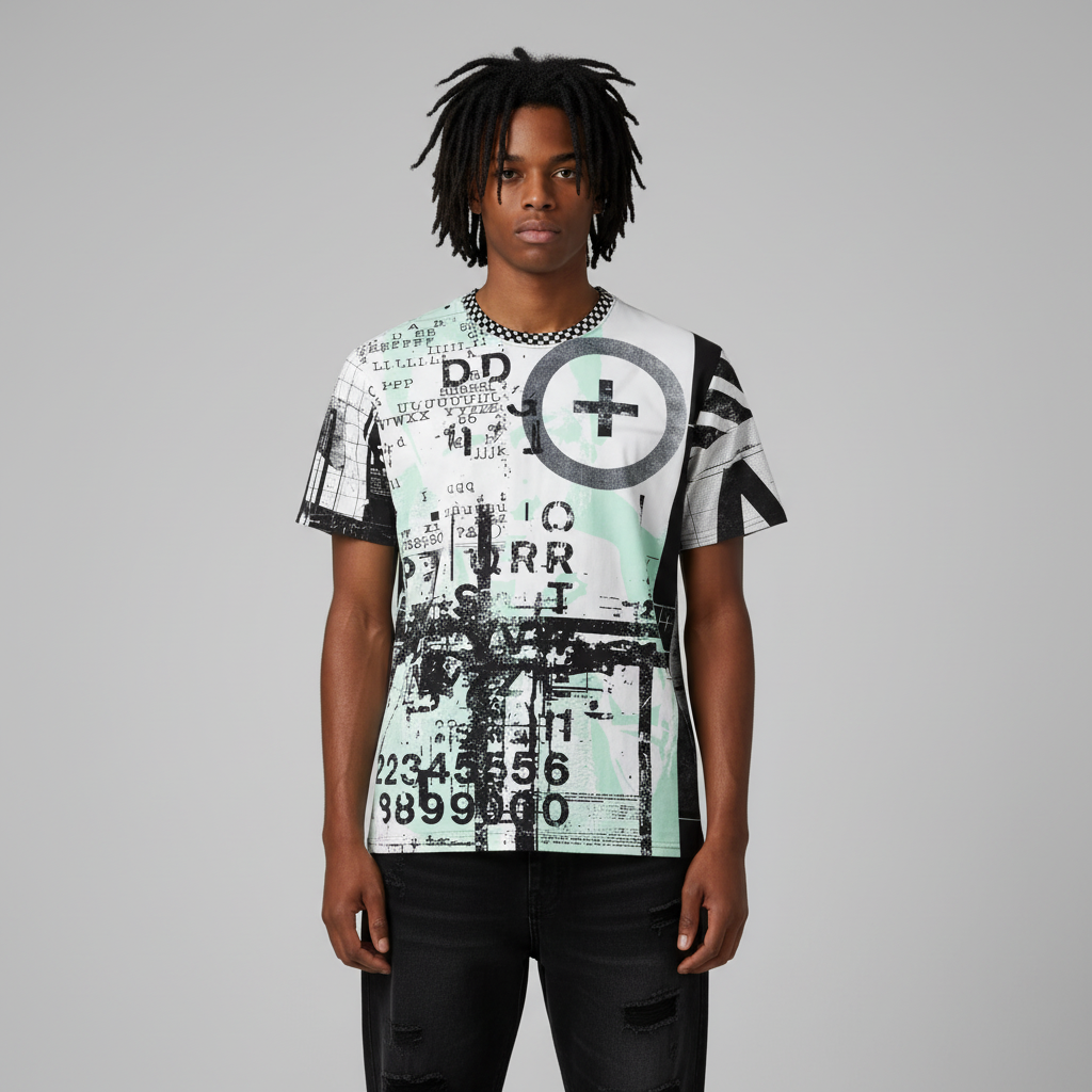 Person wearing a graphic t-shirt with a abstract design on a gray background