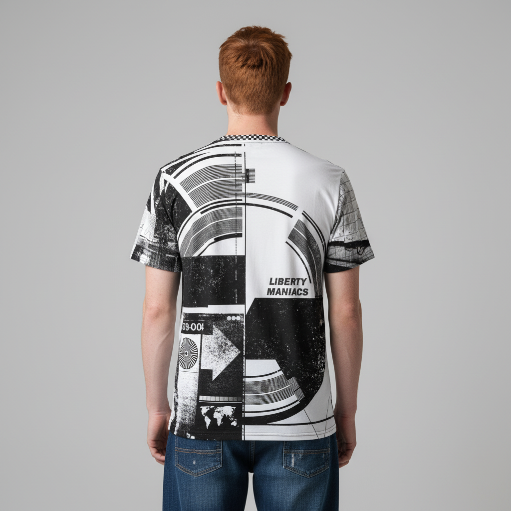 Person wearing a black and white graphic t-shirt with 'Liberty Maniacs' text on a gray background