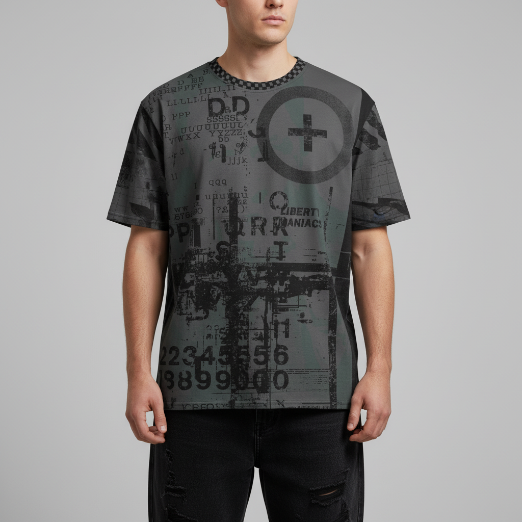 Person wearing a black graphic t-shirt with text and symbols on a gray background