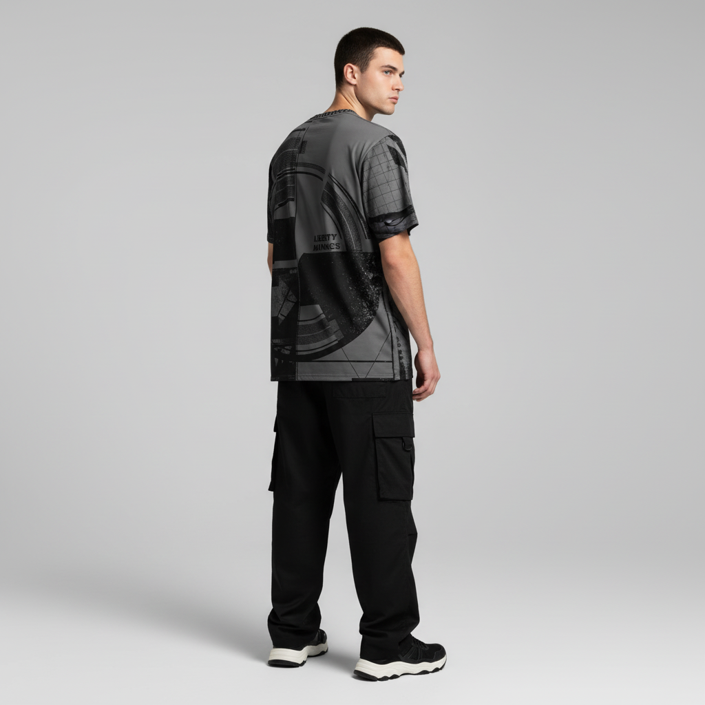 Man wearing a black and gray patterned shirt with black cargo pants on a light gray background