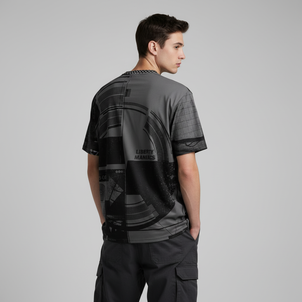 Person wearing a Lex Armata Noir Men’s Graphic Tee on a gray background