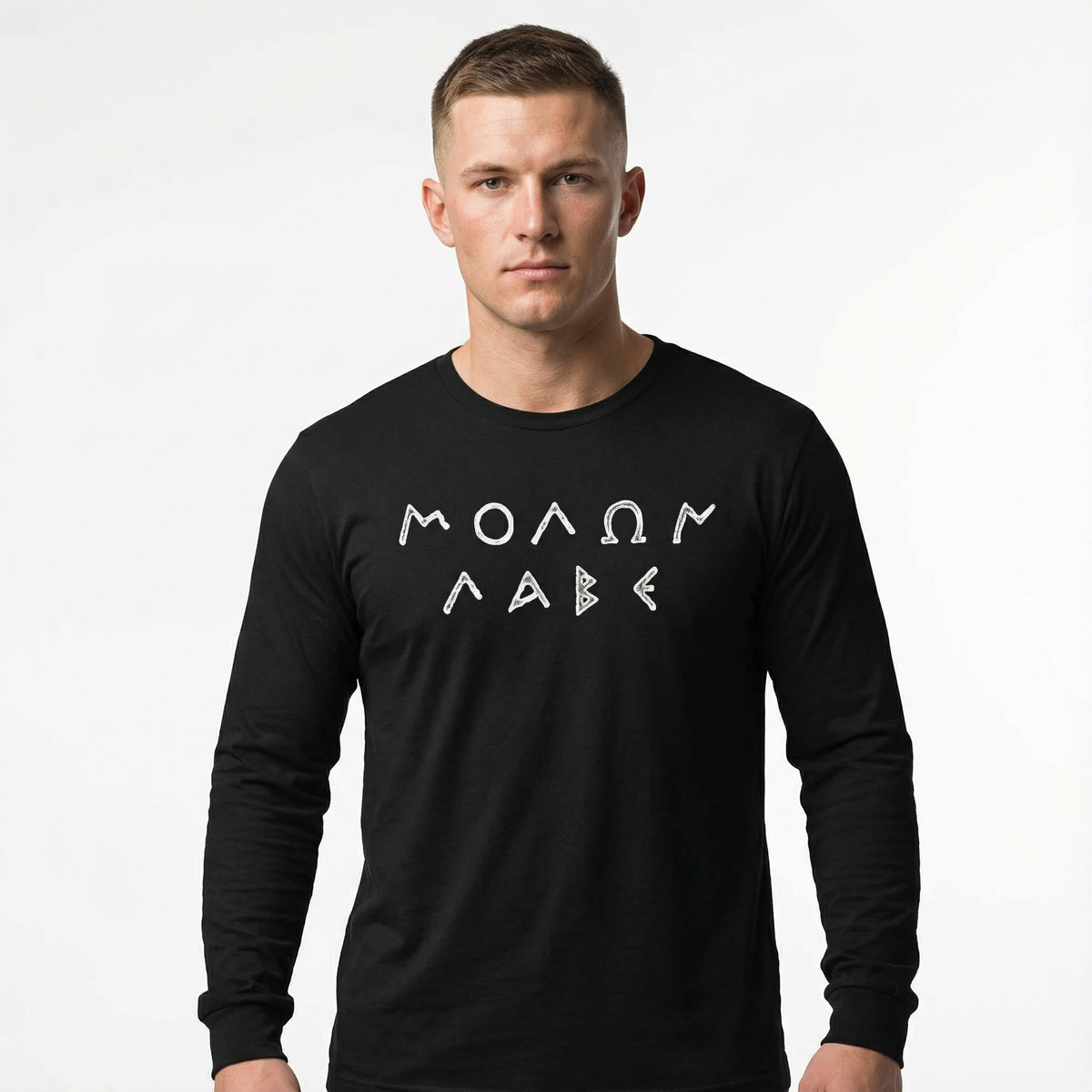 Man wearing a black long-sleeve shirt with white MOLAN LABE text on a white background