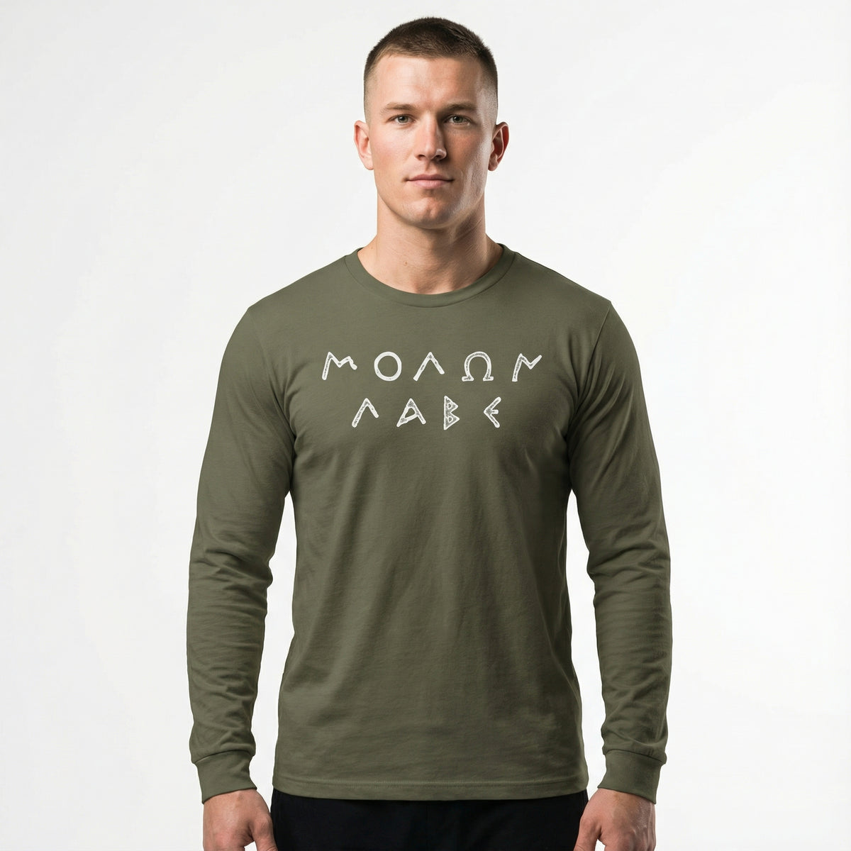 Man wearing an olive green long-sleeve shirt with white MOLAN LABE text on a white background