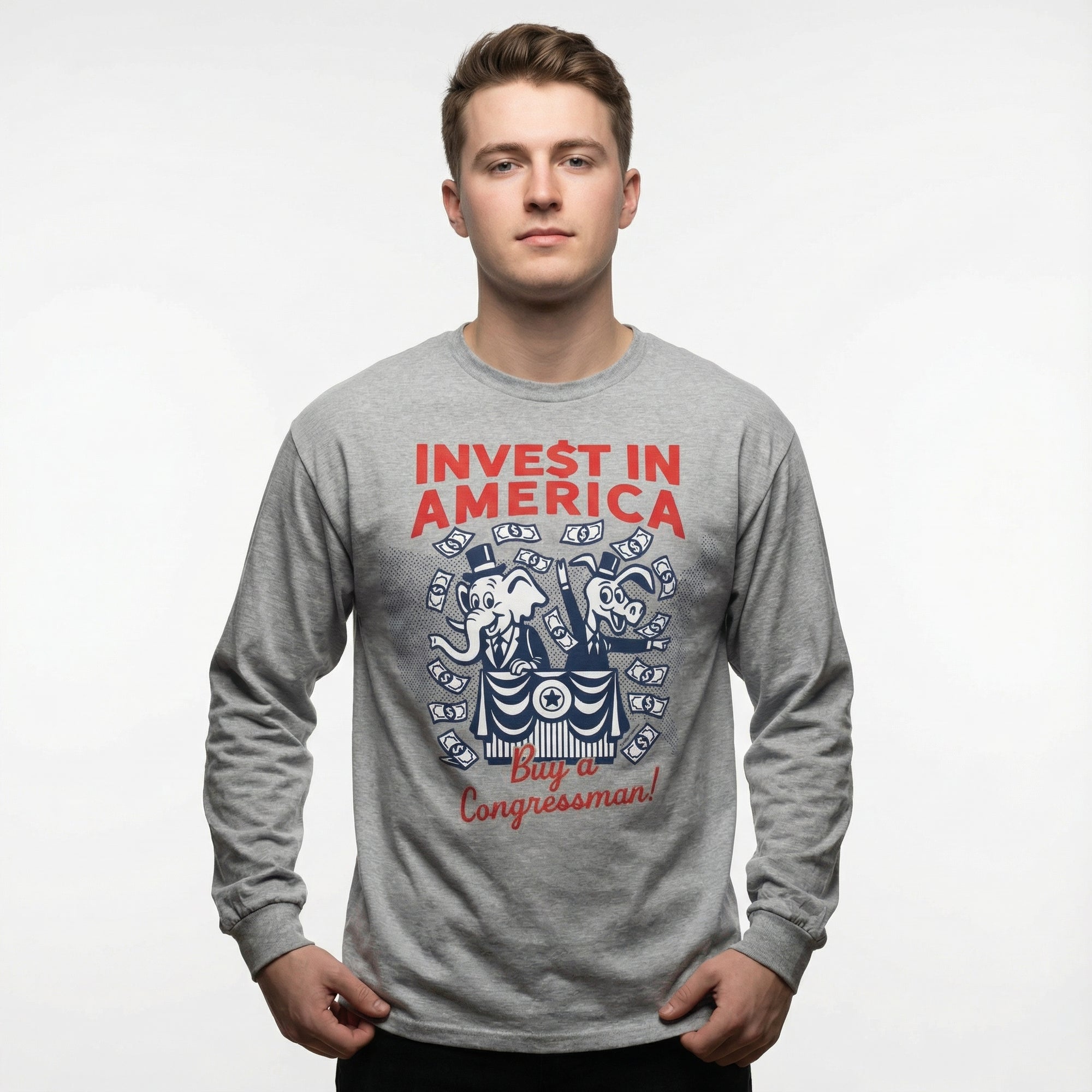 Invest in America Buy a Congressman long sleeve tee featuring retro elephant and donkey mascots throwing donor cash on a podium.