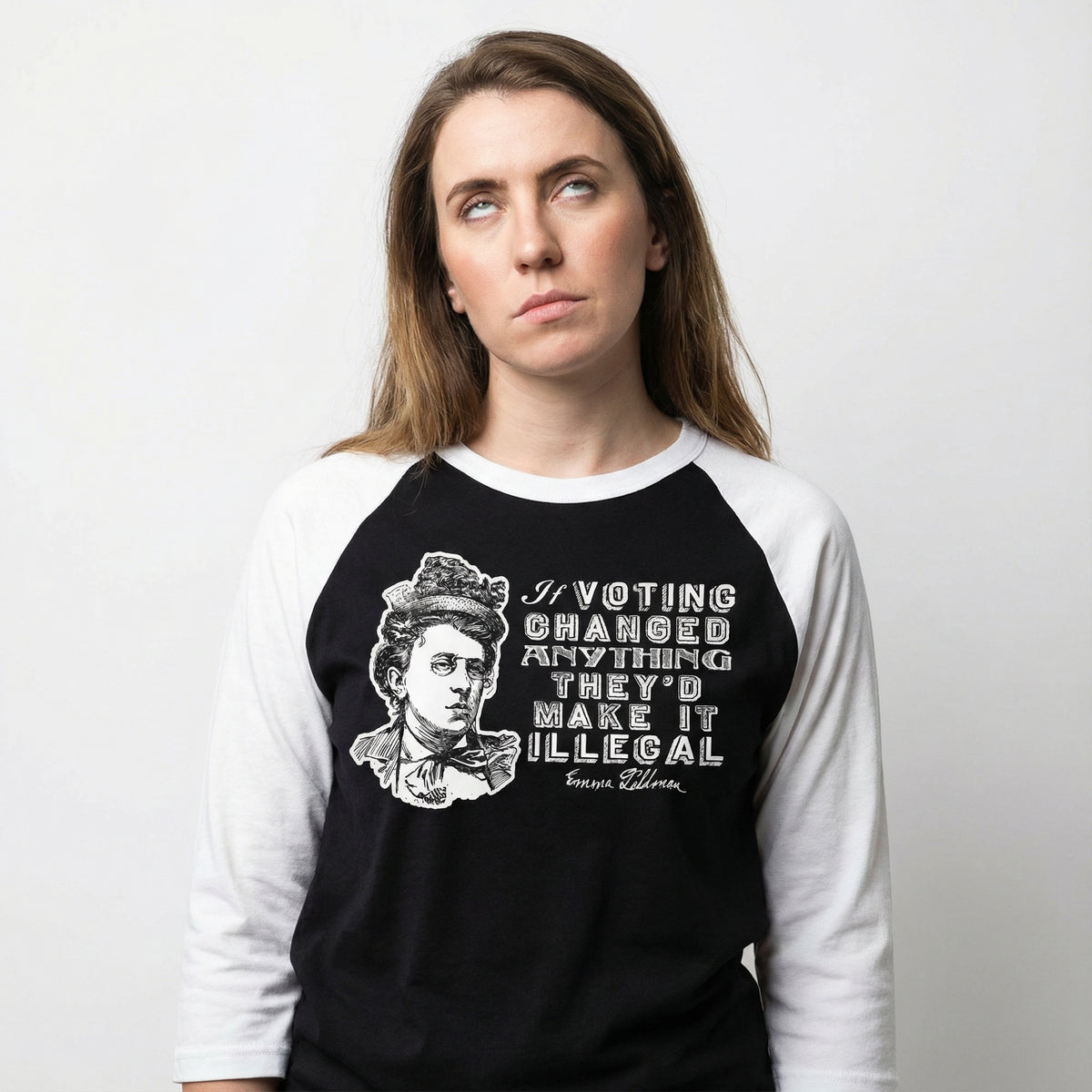 Emma Goldman Voting Quote 3/4 sleeve raglan shirt