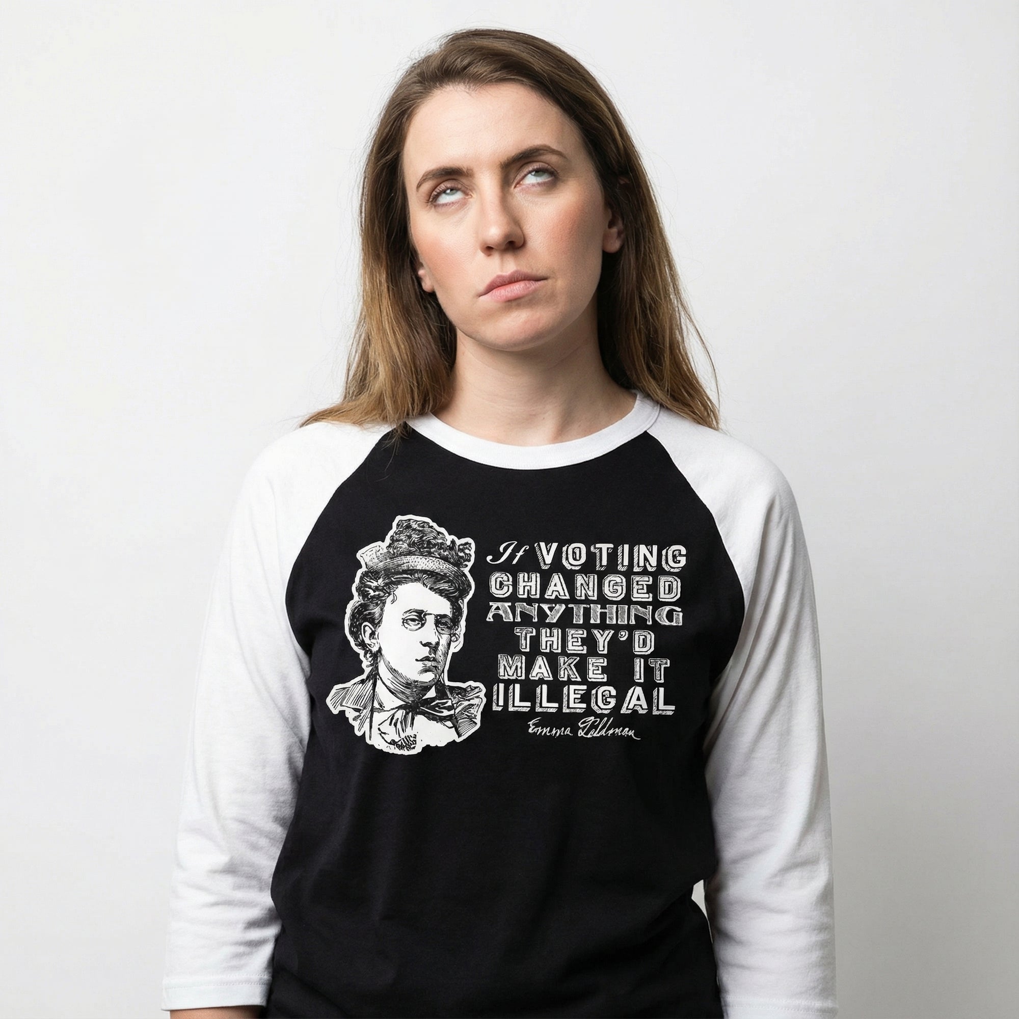 Emma Goldman Voting Quote 3/4 sleeve raglan shirt
