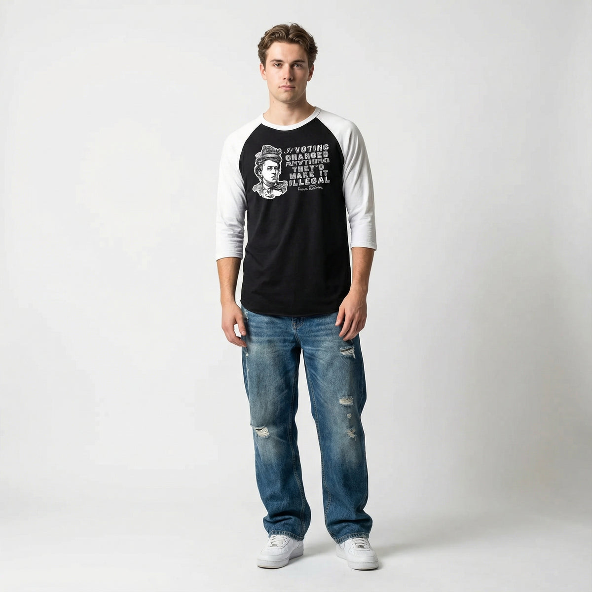 Emma Goldman Voting Quote 3/4 sleeve raglan shirt